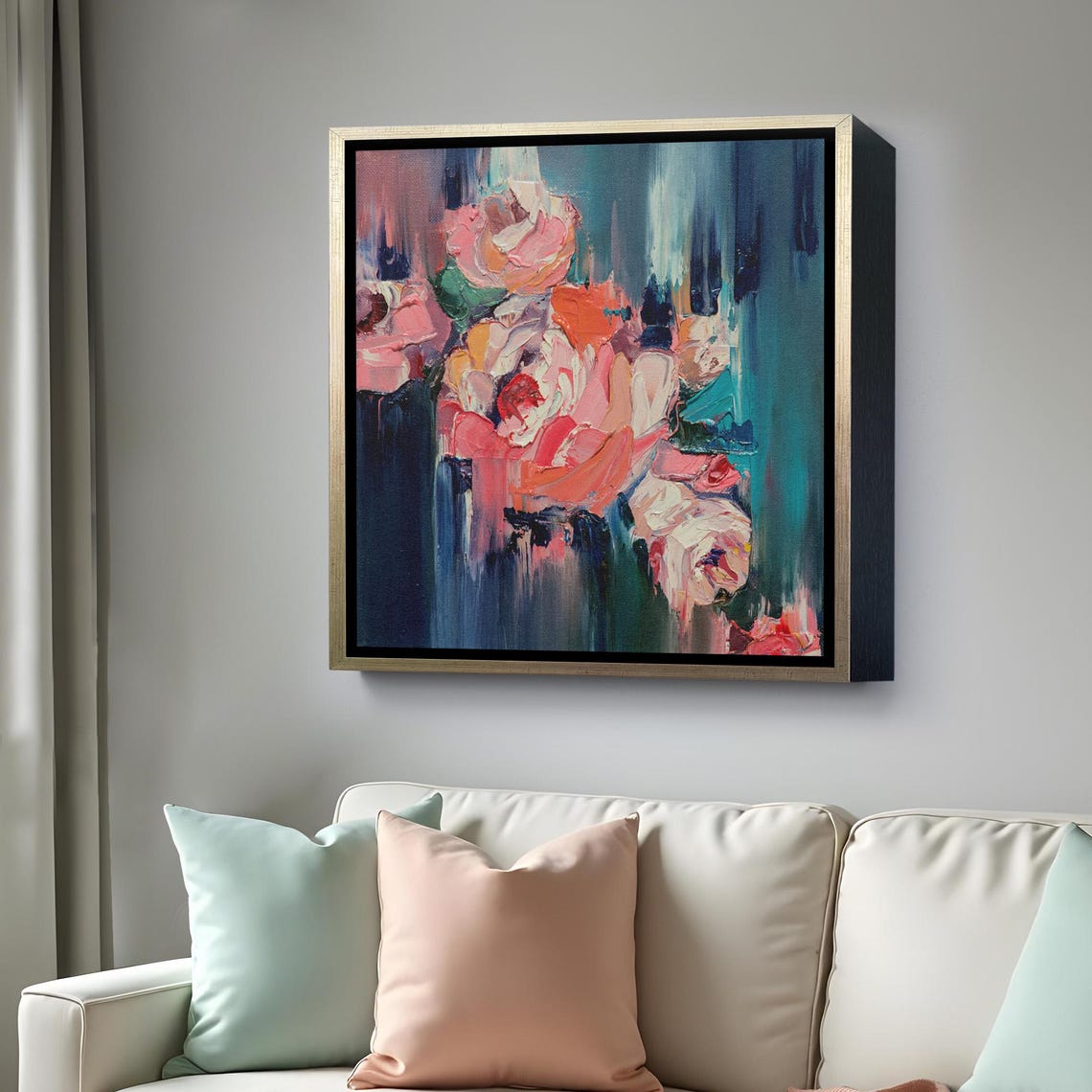 Abstract Pink Roses Impasto Painting Dark Teal Background Art Poster - Image 4