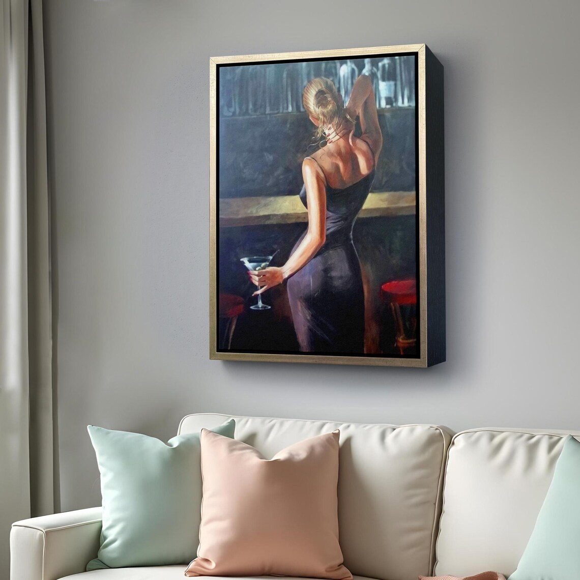 Blonde Woman at Bar Holding Martini Noir Cocktail Lounge Painting Poster - Image 4