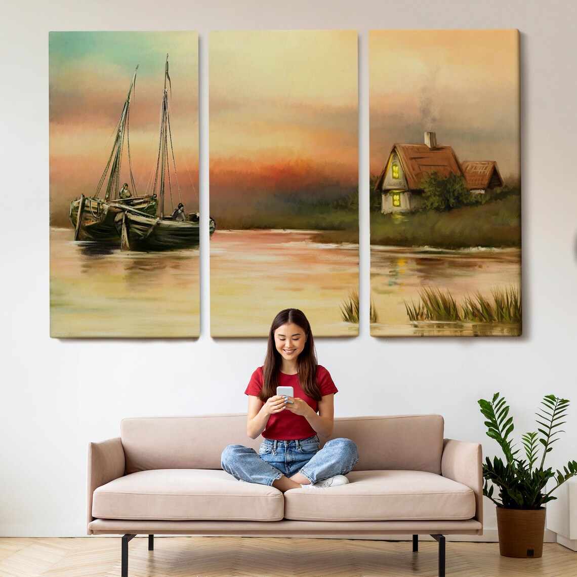 Riverside Cottage With Boats At Dusk Calm Water Painting Wall Art - Image 2