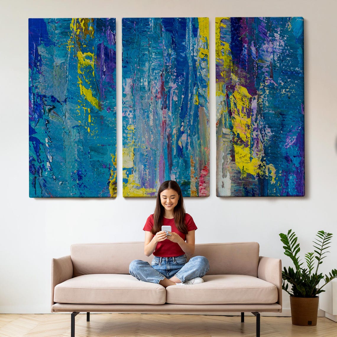 Abstract Blue Yellow Textured Oil Painting Vertical Strokes Wall Art - Image 2