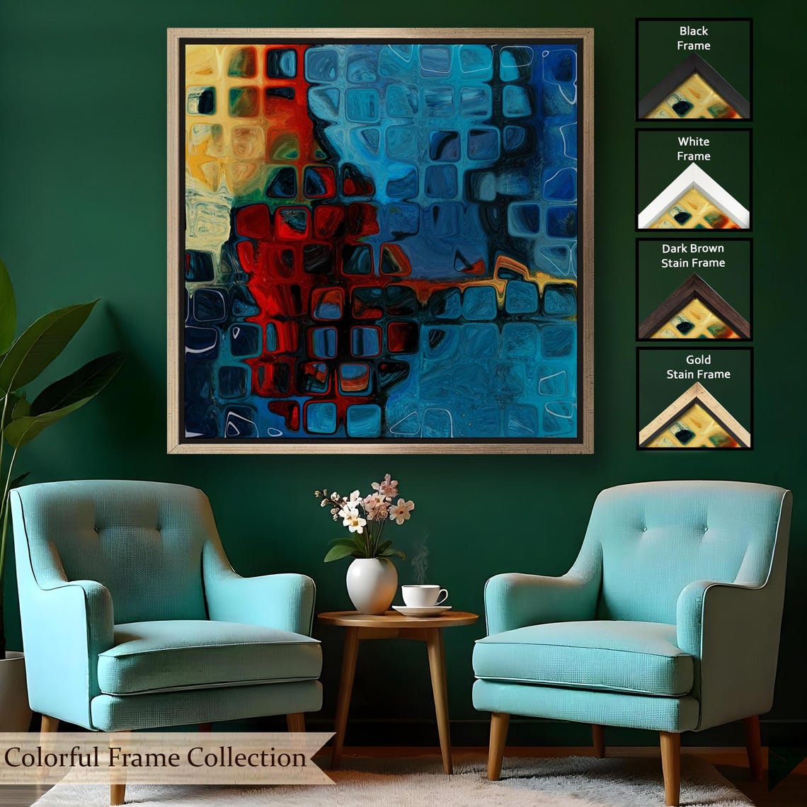 Blue Red Glass Squares Abstract Cool Tones Geometric Mosaic Wall Art - Image 2