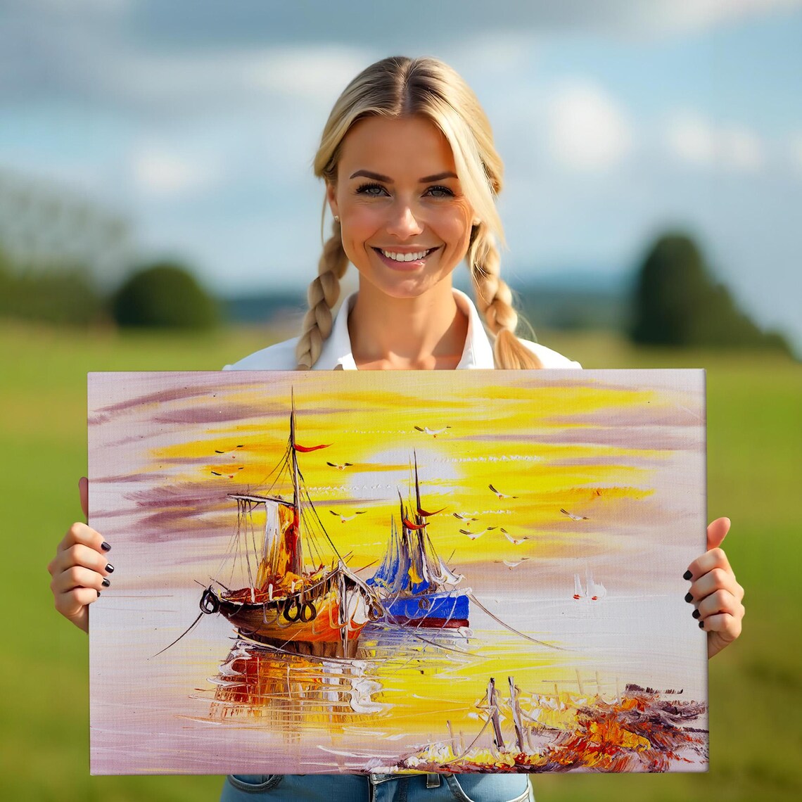 Two Sailboats At Golden Sunset Calm Sea Oil Painting Marine Wall Art - Image 5