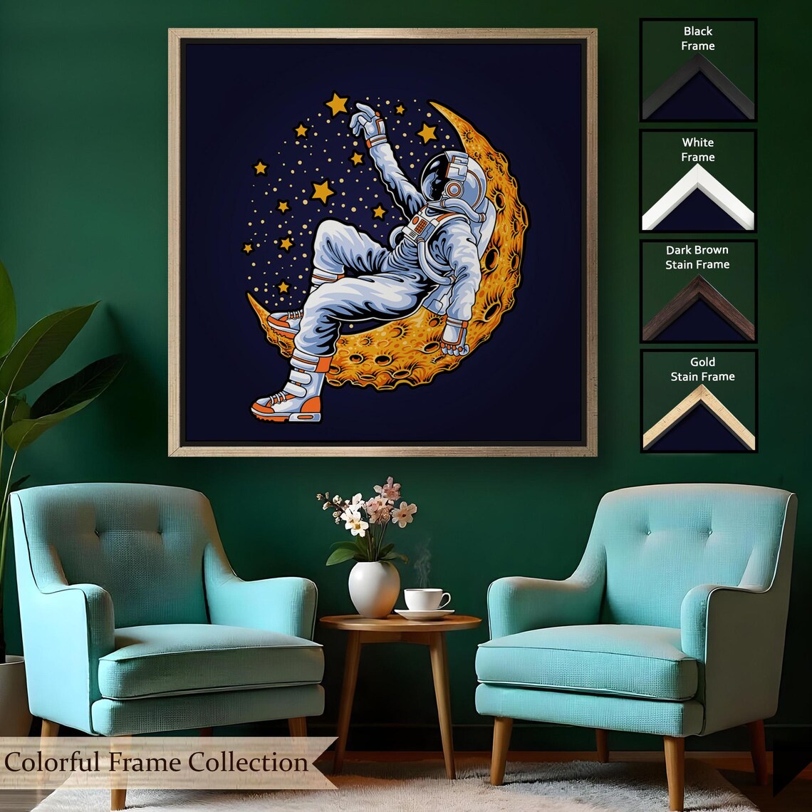 Astronaut Resting on Crescent Moon Stars Dreamy Space Illustration Poster - Image 2