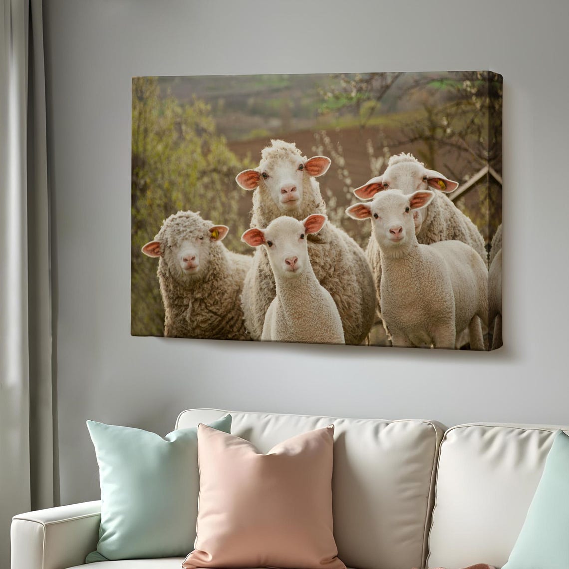 Flock Of Sheep And Lambs Looking At Camera Spring Pasture Photo Poster
