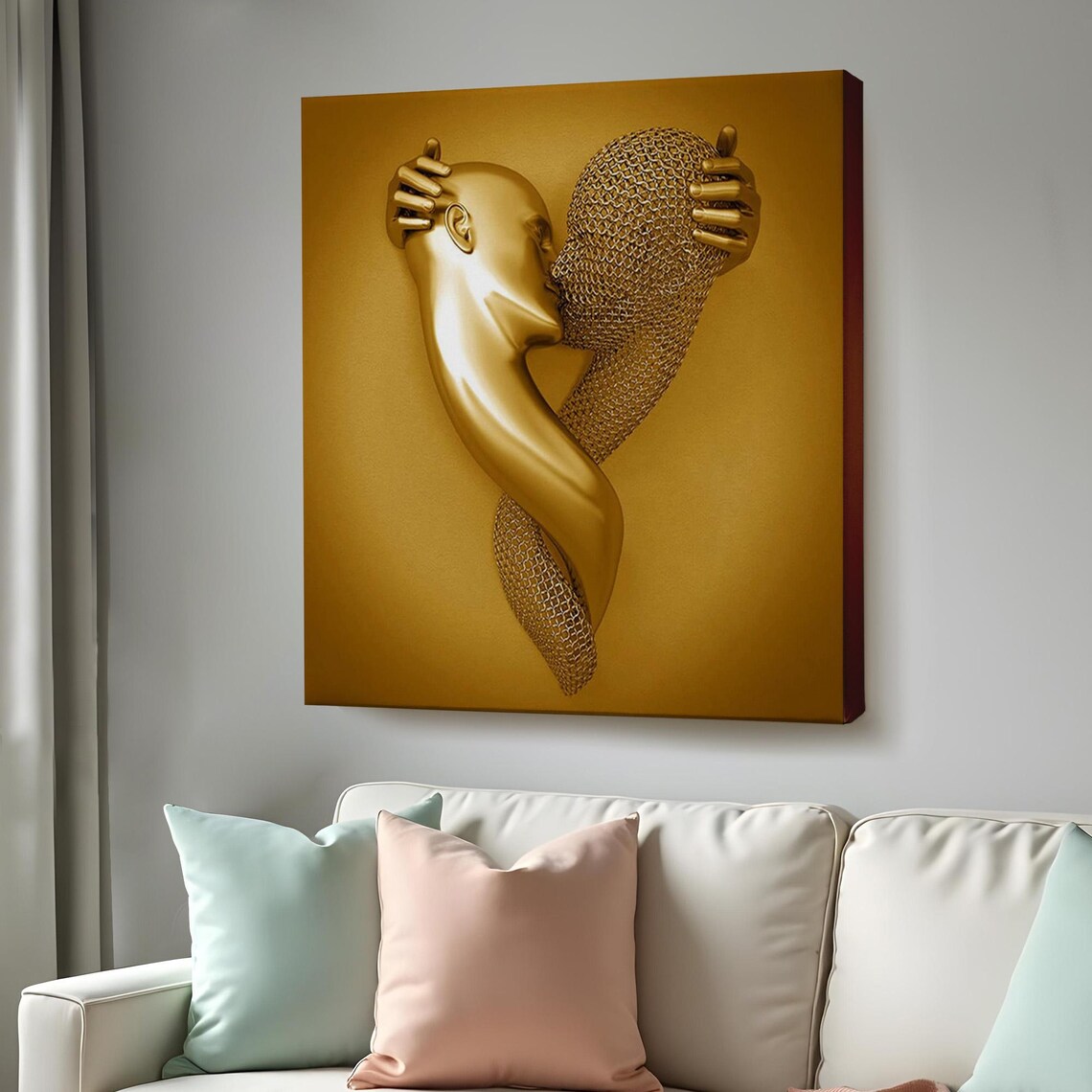 Golden Lovers Embrace 3D Effect Romantic Couple Love Art Poster