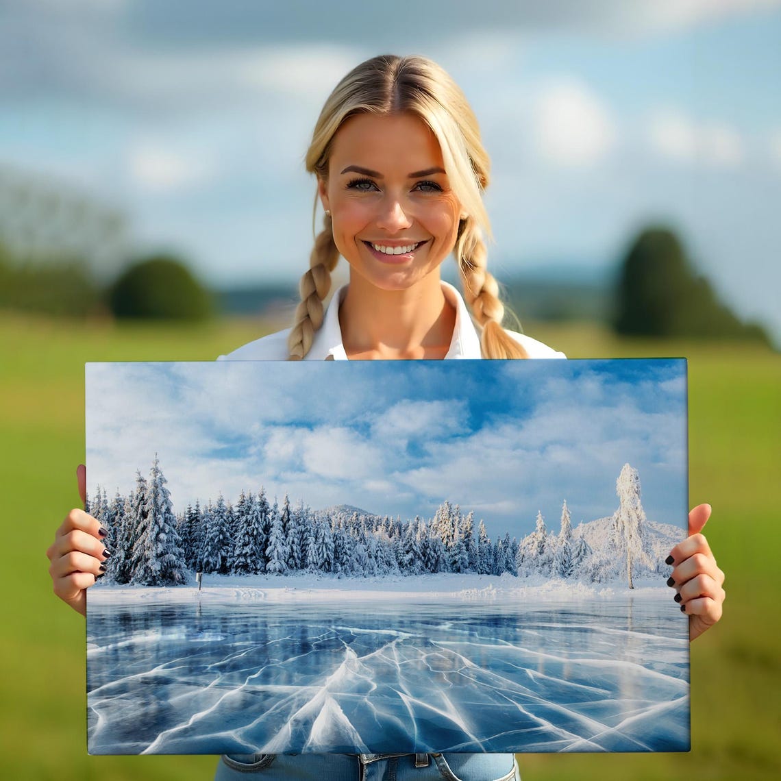 Frozen Lake Cracked Blue Ice Snowy Pine Forest Winter Landscape Poster - Image 5