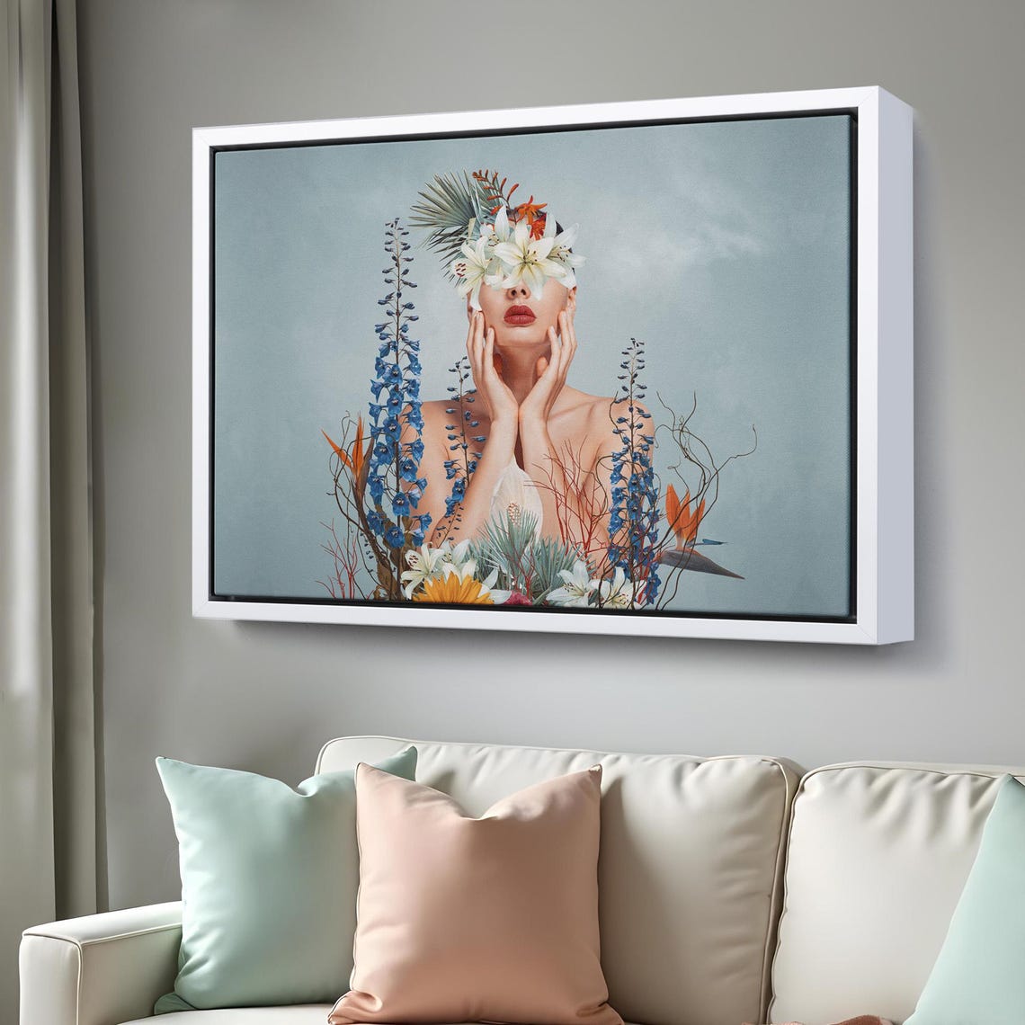 Surreal Botanical Woman Portrait Hands Face Lily Flowers Poster - Image 3