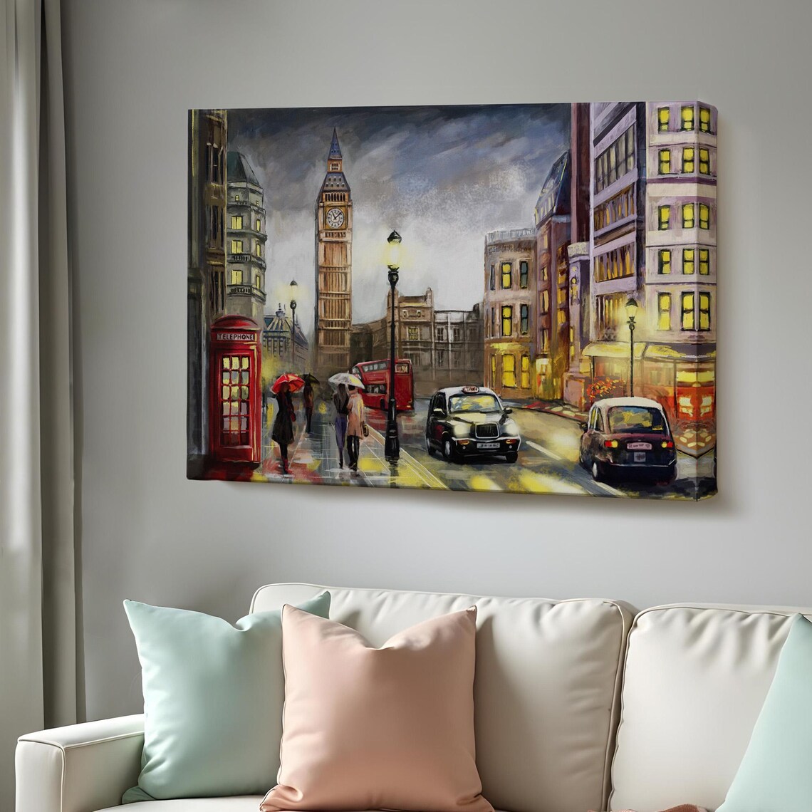 London Night Big Ben Red Phone Booth Rainy Street City Lights Poster