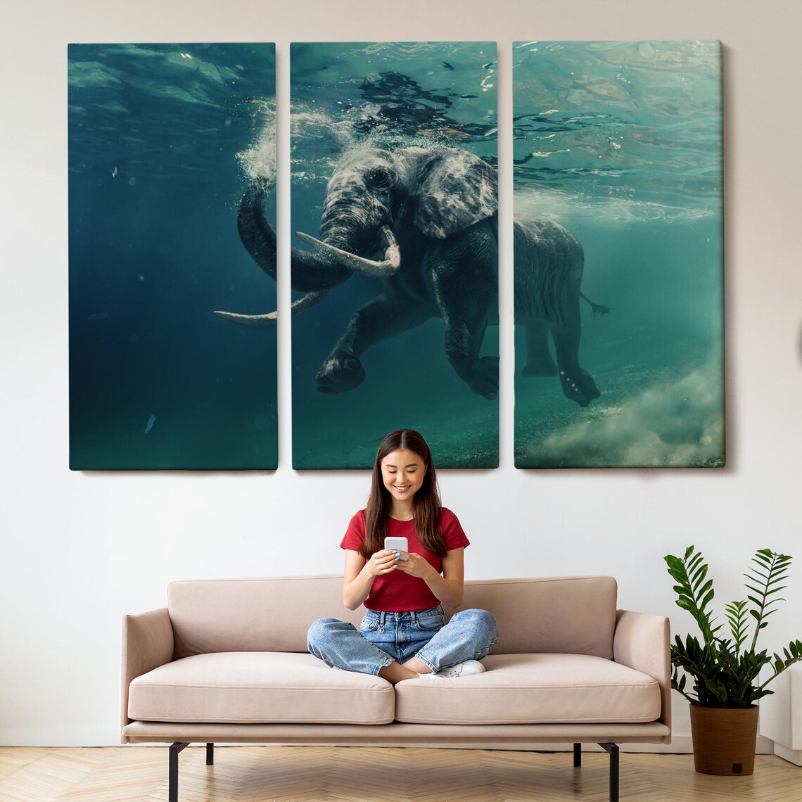 Elephant Swimming Underwater Surreal Blue Ocean Wildlife Art Poster - Image 2