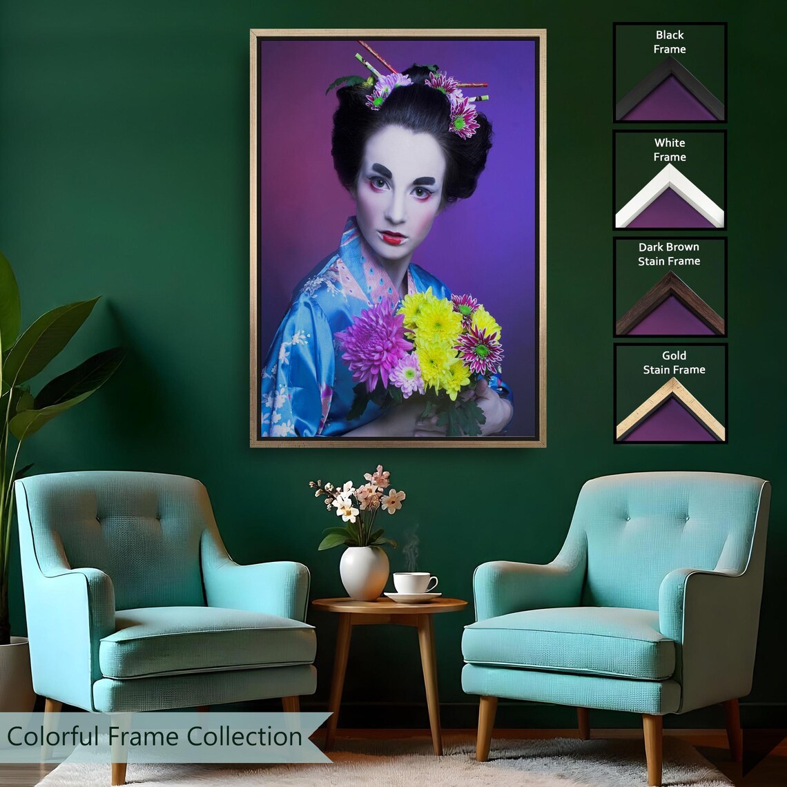Geisha Portrait Blue Kimono Flower Bouquet Purple Art Poster - Image 2