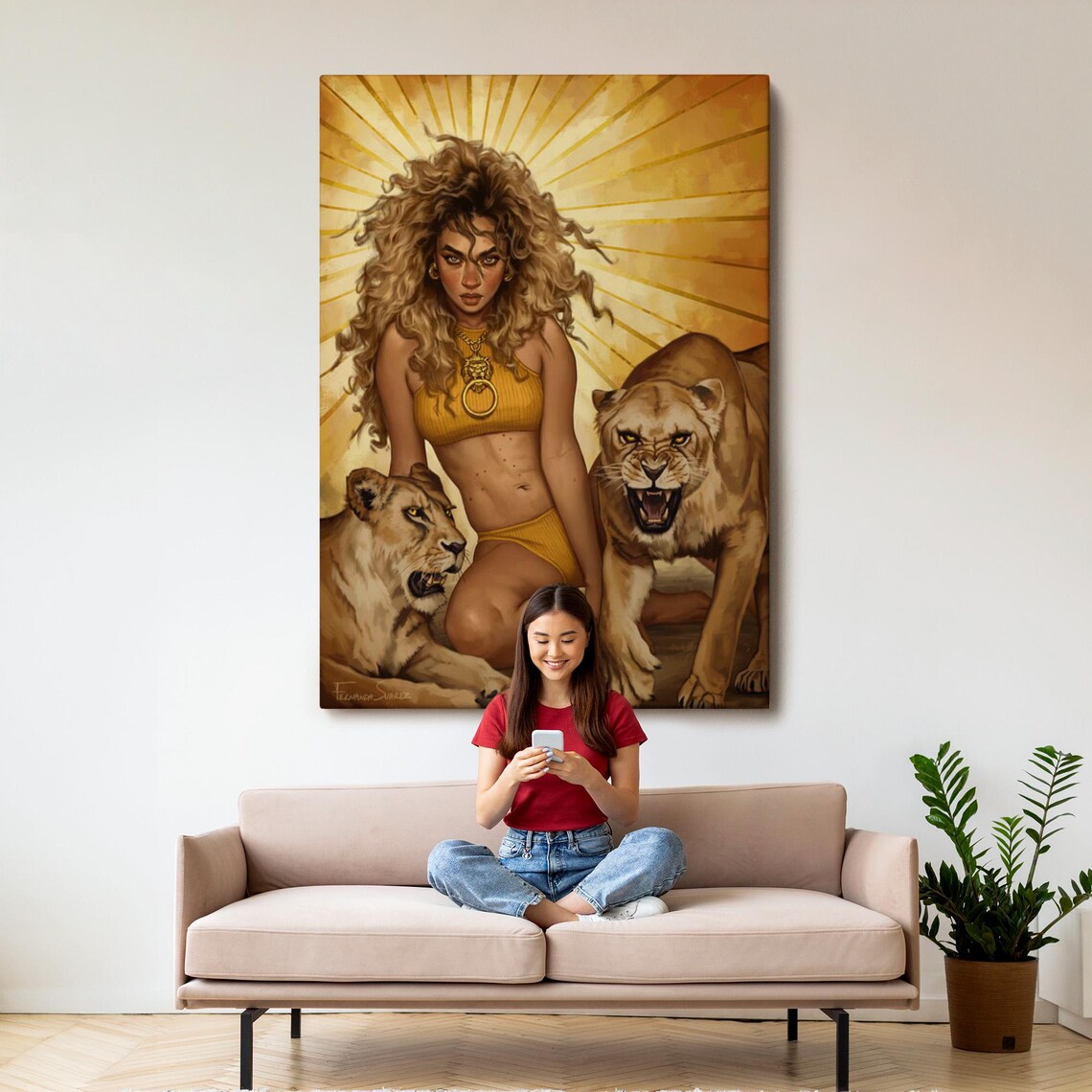 Fierce Wild Woman with Lions Golden Sunburst Powerful Feminine Wall Art - Image 3