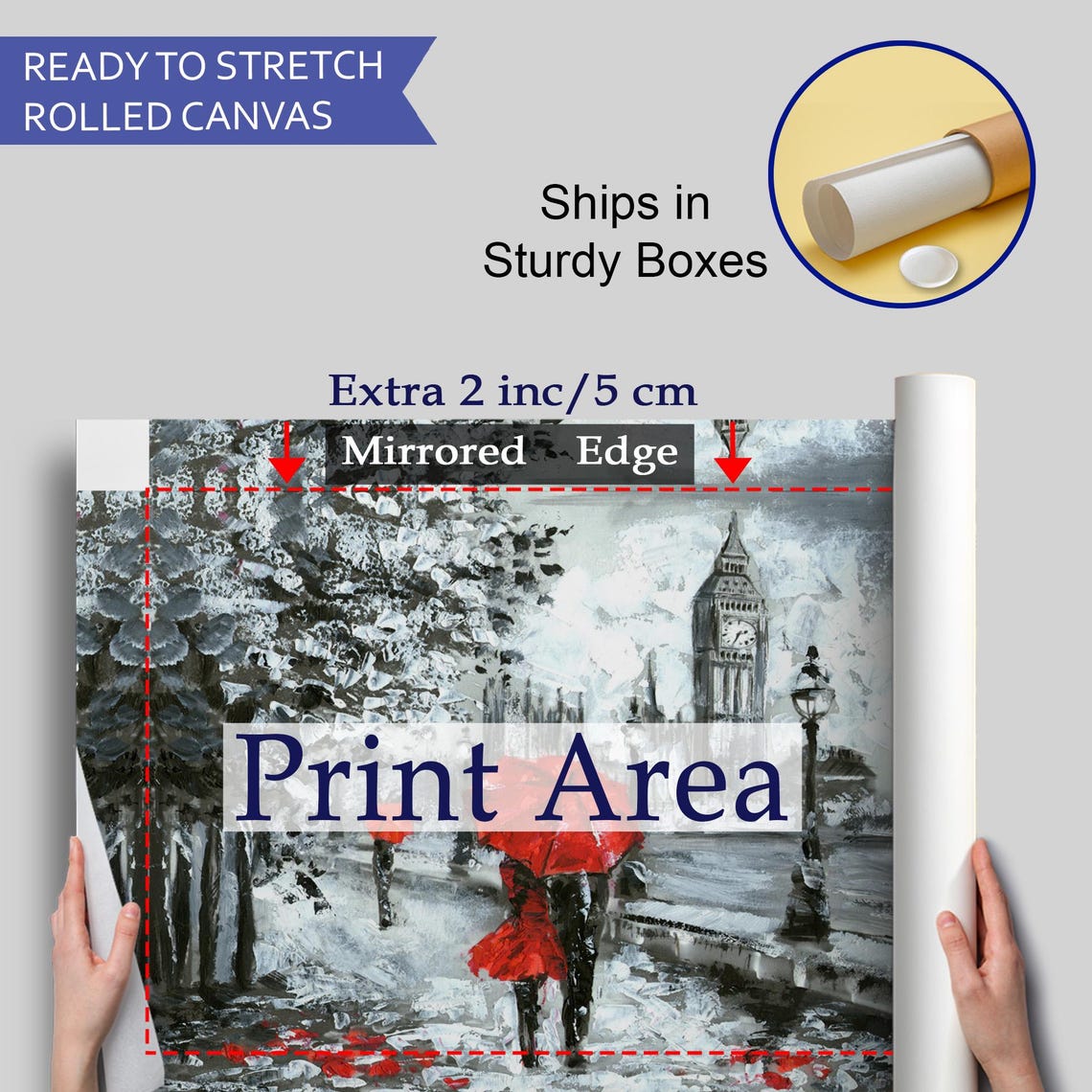 London Big Ben Red Umbrella Rainy Street Black White Red Art Poster - Image 4