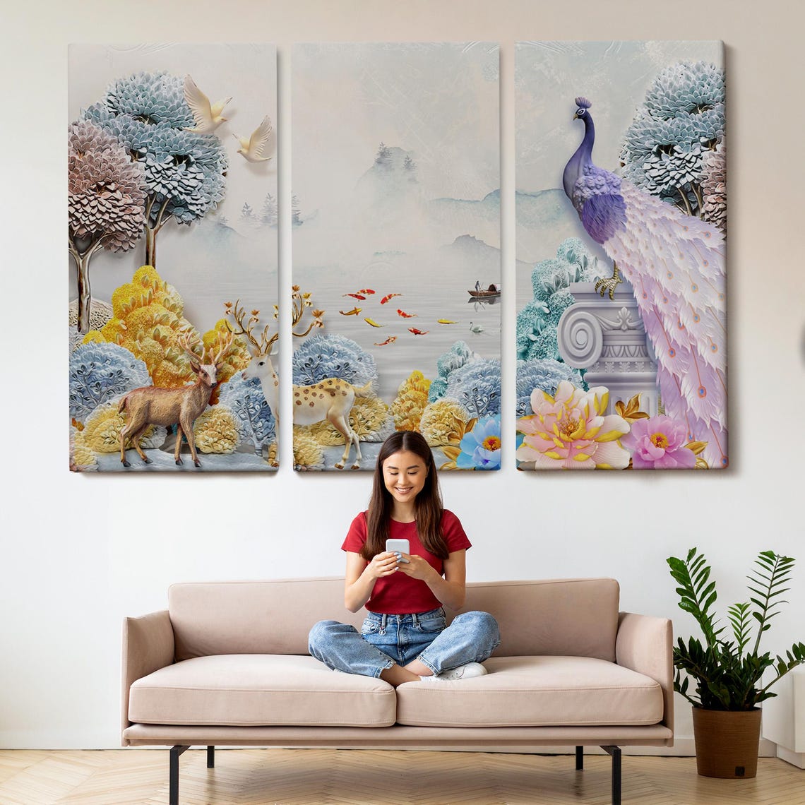 Peacock Deer Forest Fantasy 3D Relief Surreal Nature Wall Art - Image 2