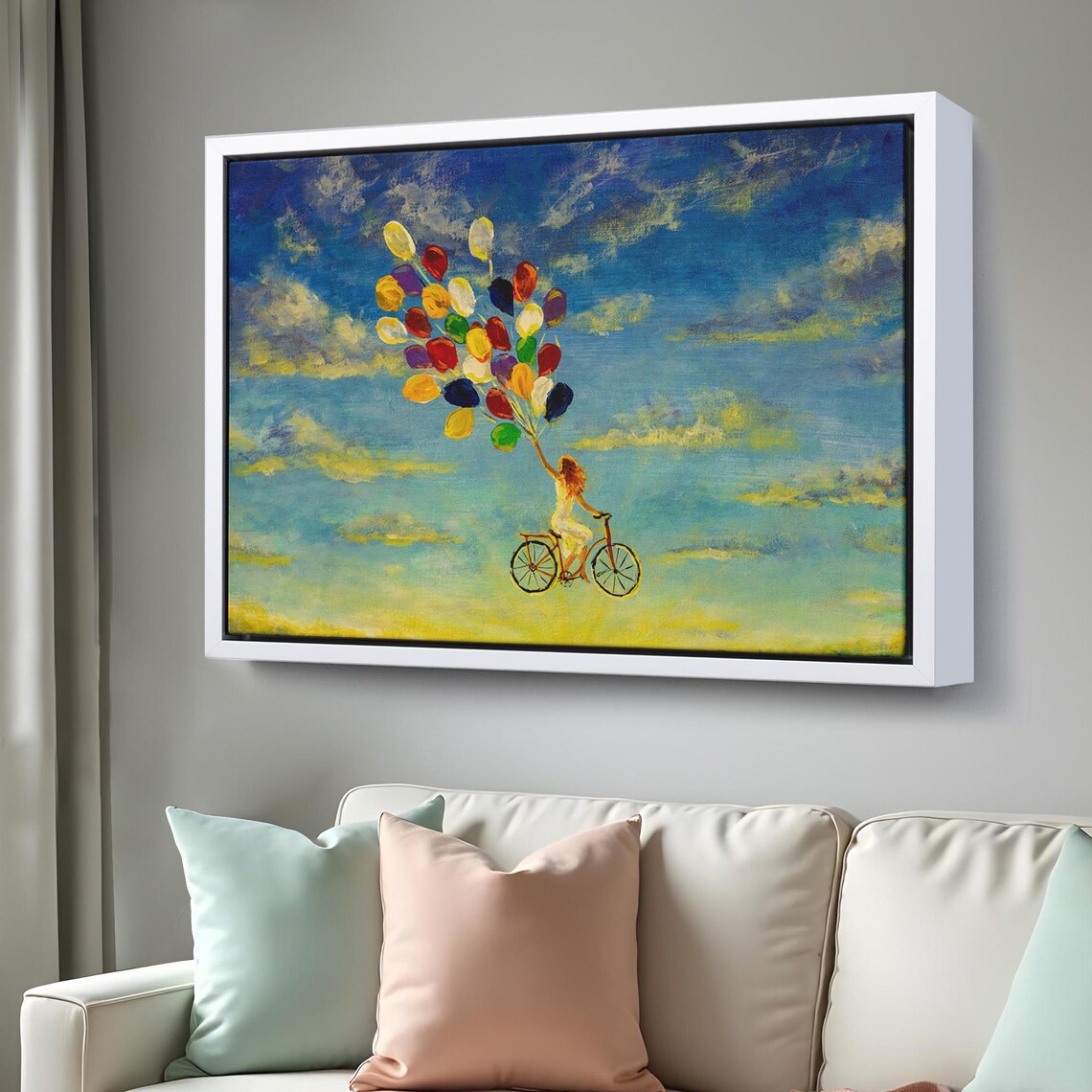 Girl On Bicycle Flying Colorful Balloons Dreamy Sky Art Poster - Image 3