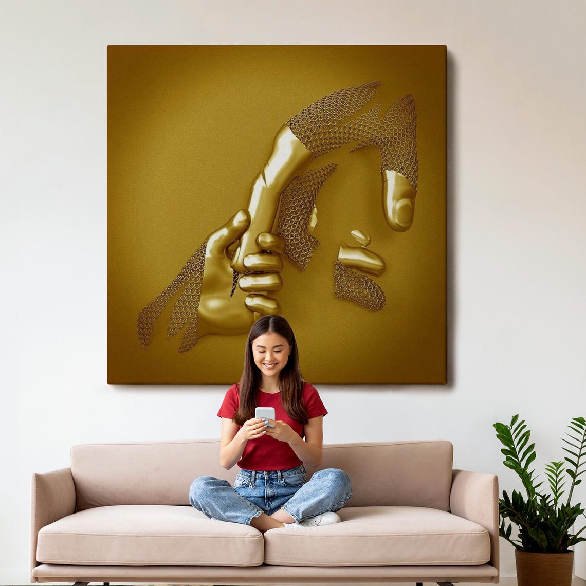 Golden Clasped Hands 3D Effect Love Connection Metallic Art Poster - Image 3