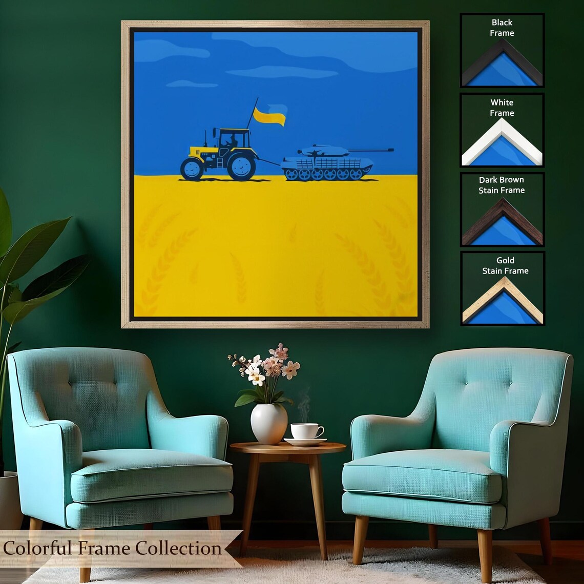 Ukrainian Tractor Towing Tank Patriotic Blue Yellow Art Poster - Image 2