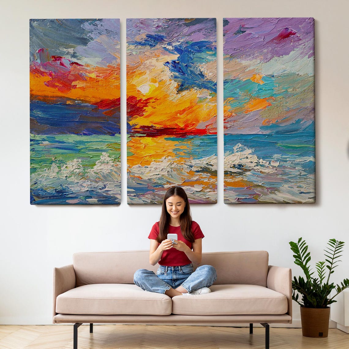 Sunset Over Ocean Waves Orange Sun Abstract Impasto Sea Poster - Image 2