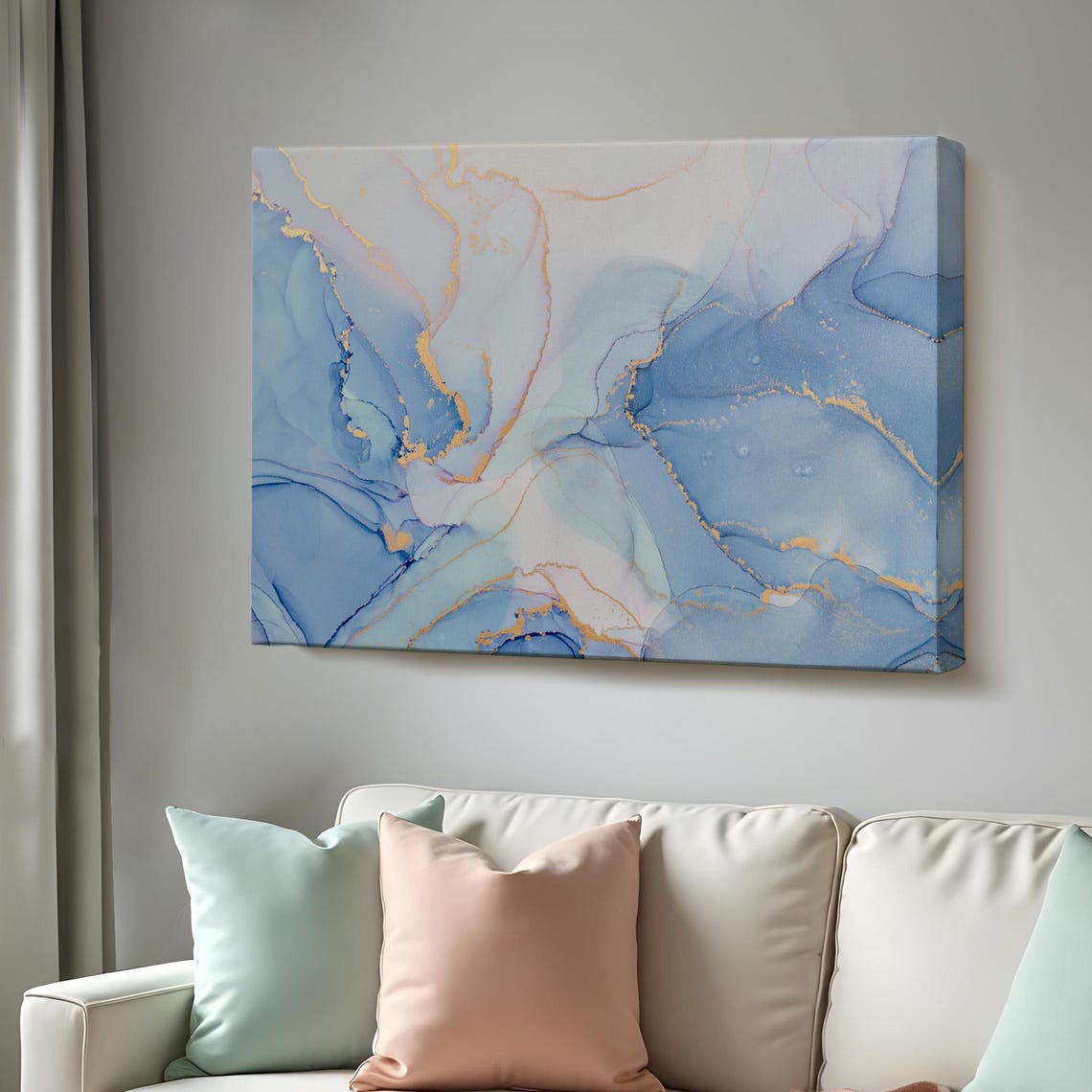Blue White Gold Alcohol Ink Marble Abstract Modern Art Poster