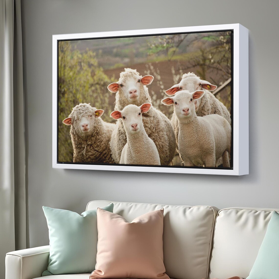 Flock Of Sheep And Lambs Looking At Camera Spring Pasture Photo Poster - Image 3