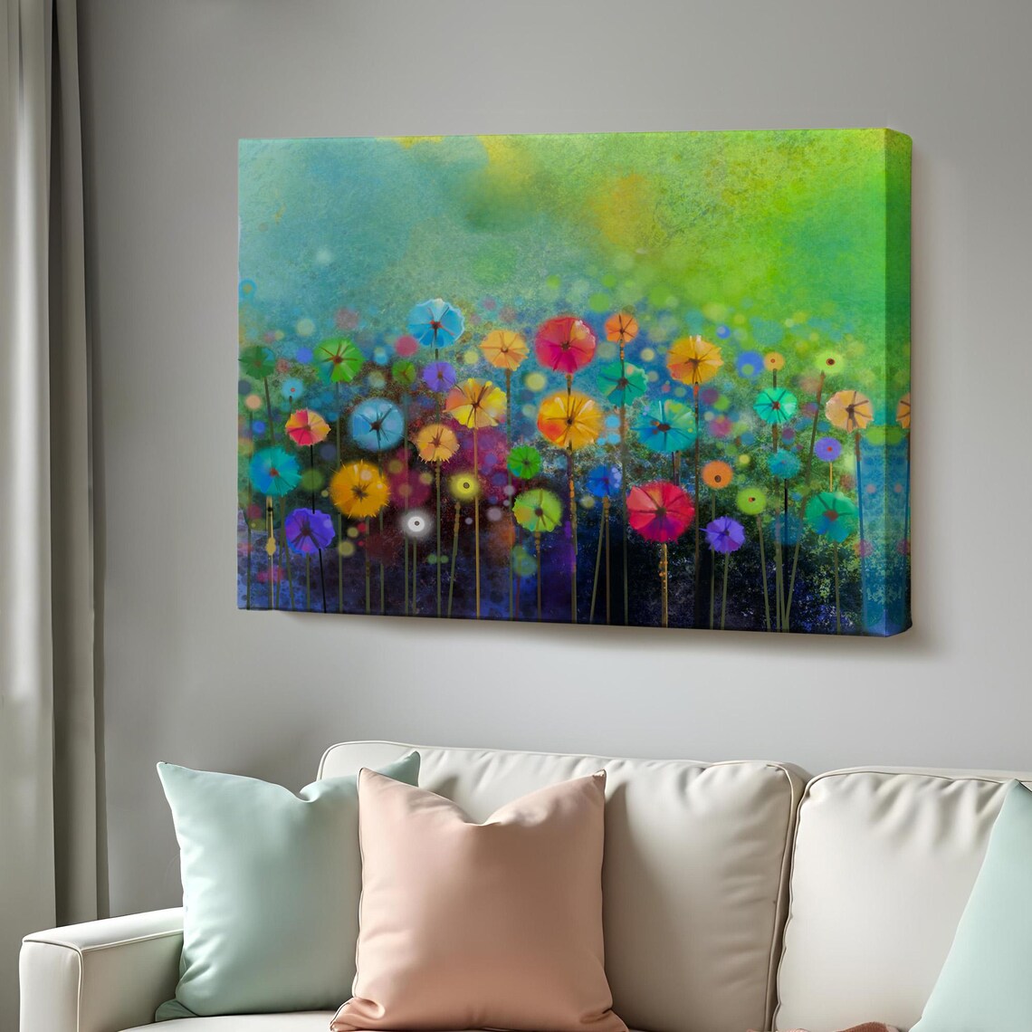 Abstract Rainbow Dandelion Flowers Watercolor Colorful Meadow Poster