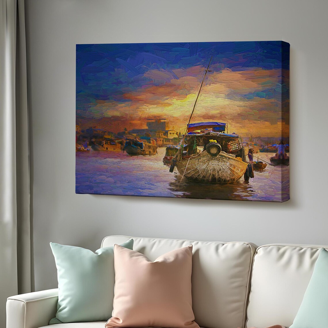 Colorful Floating Market Sunset Painting Woven Boats River Poster