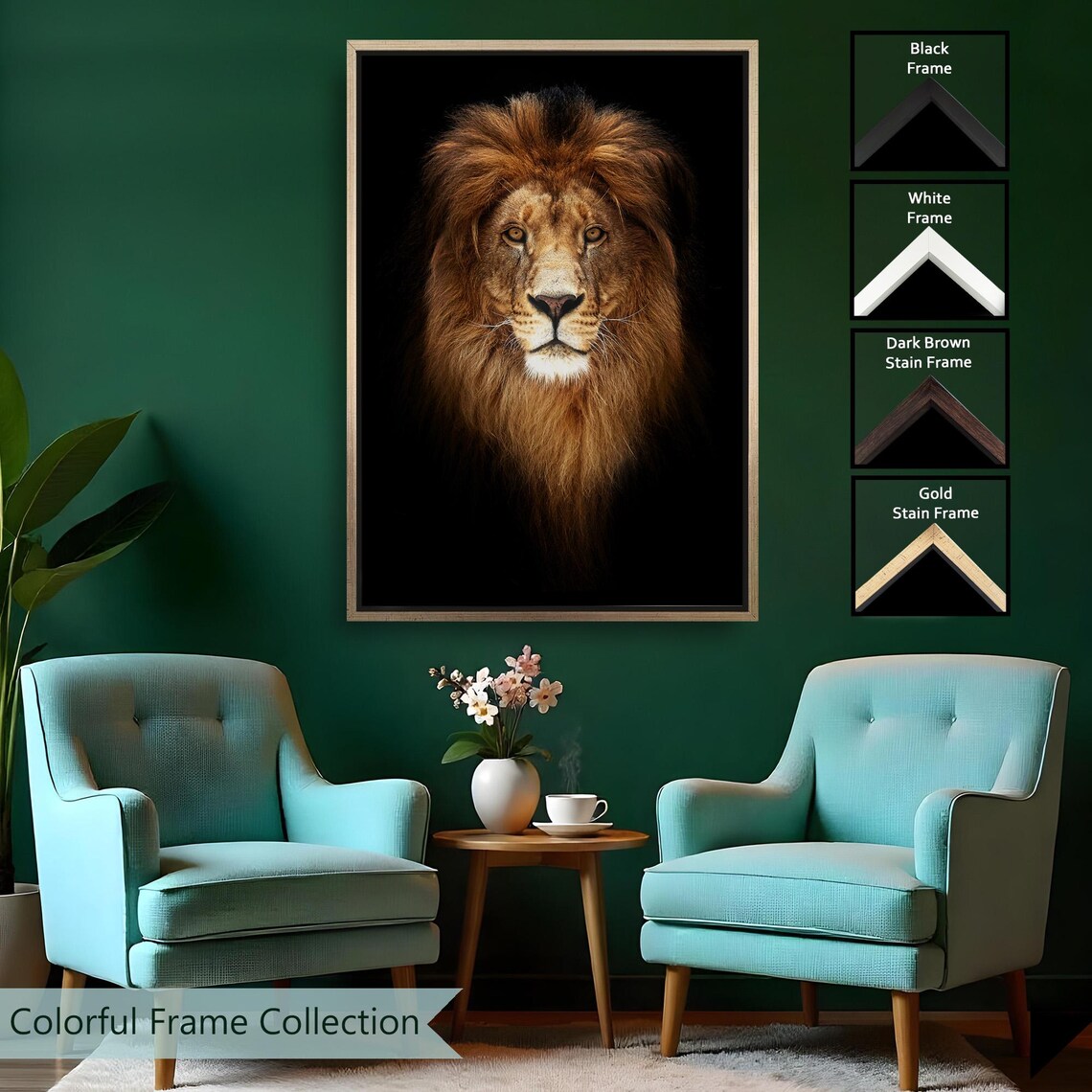Lion Face Front Portrait Dark Background Amber Eyes Majestic Wildlife Wall Art Poster - Image 2