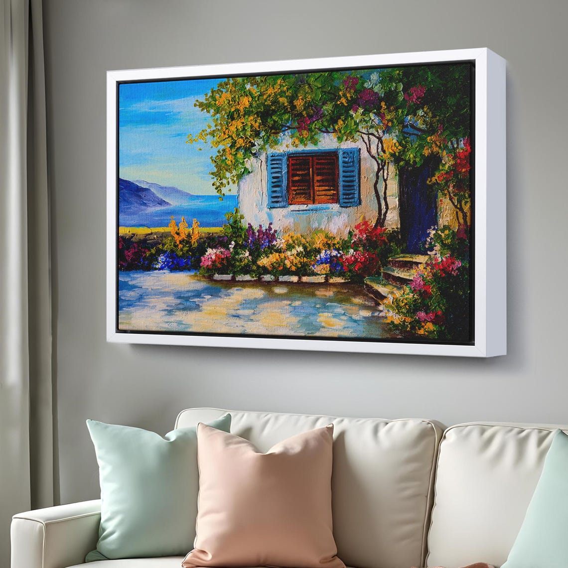 Mediterranean Seaside Cottage Blue Shutters Bougainvillea View Poster - Image 3
