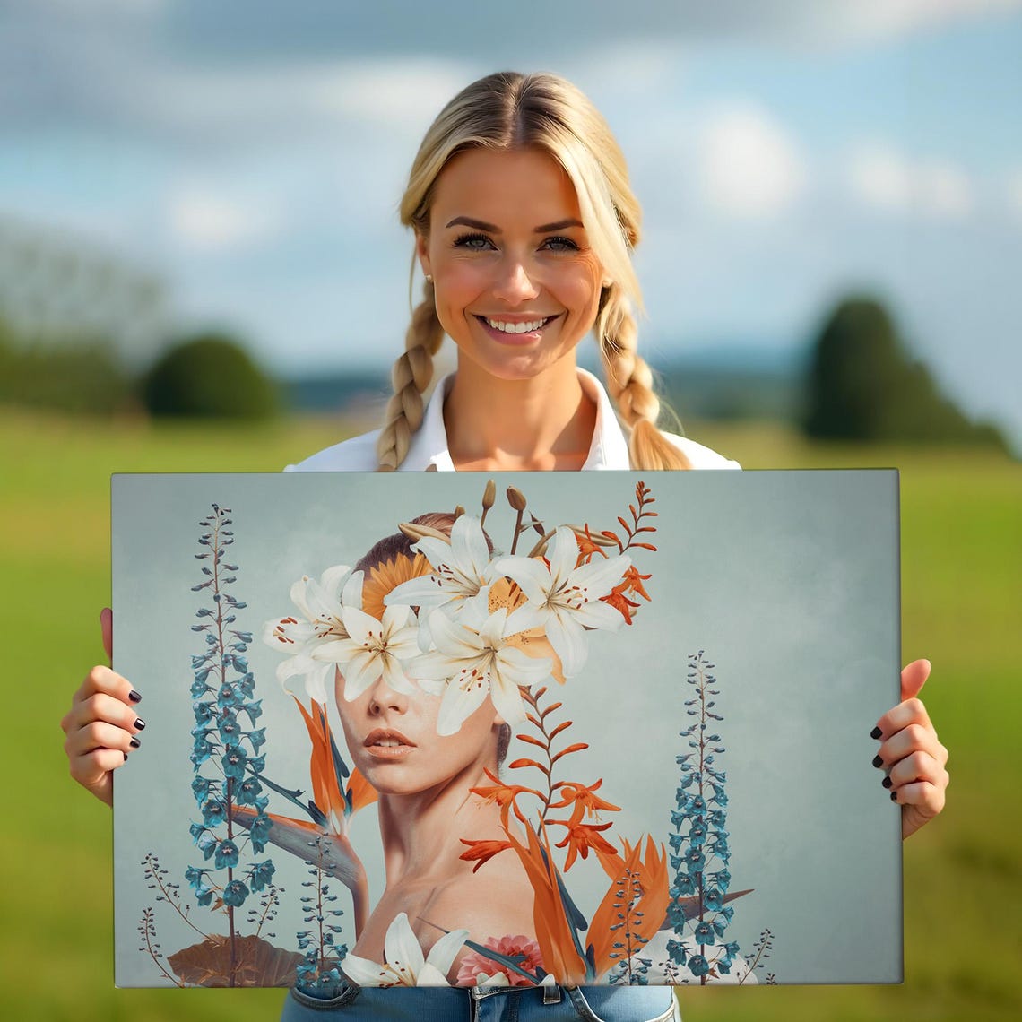 Surreal Woman Portrait White Lilies Botanical Flowers Art Poster - Image 5