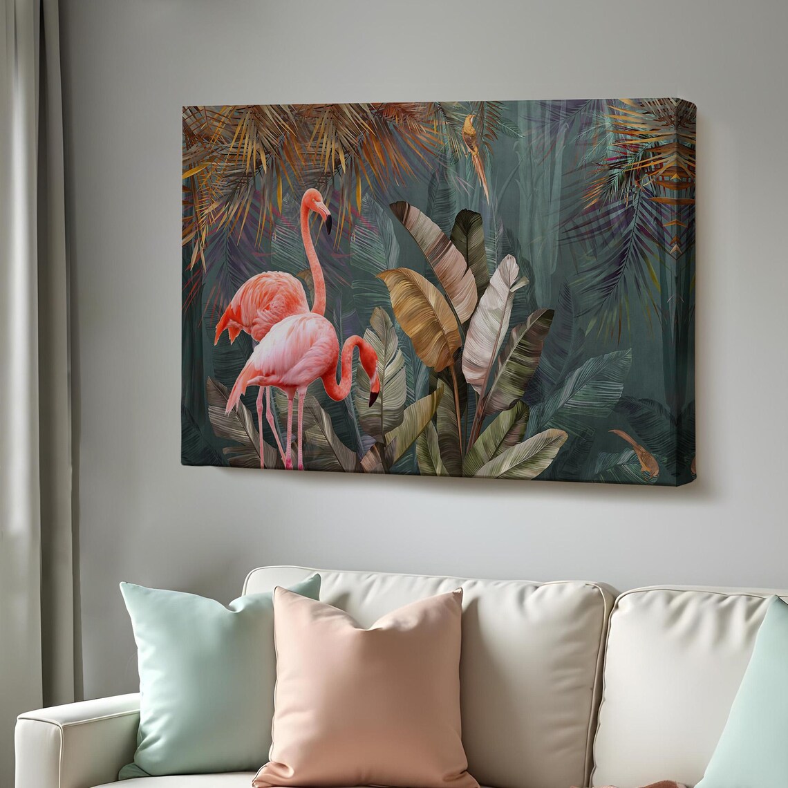Pink Flamingos Tropical Jungle Palm Leaves Exotic Nature Wall Poster
