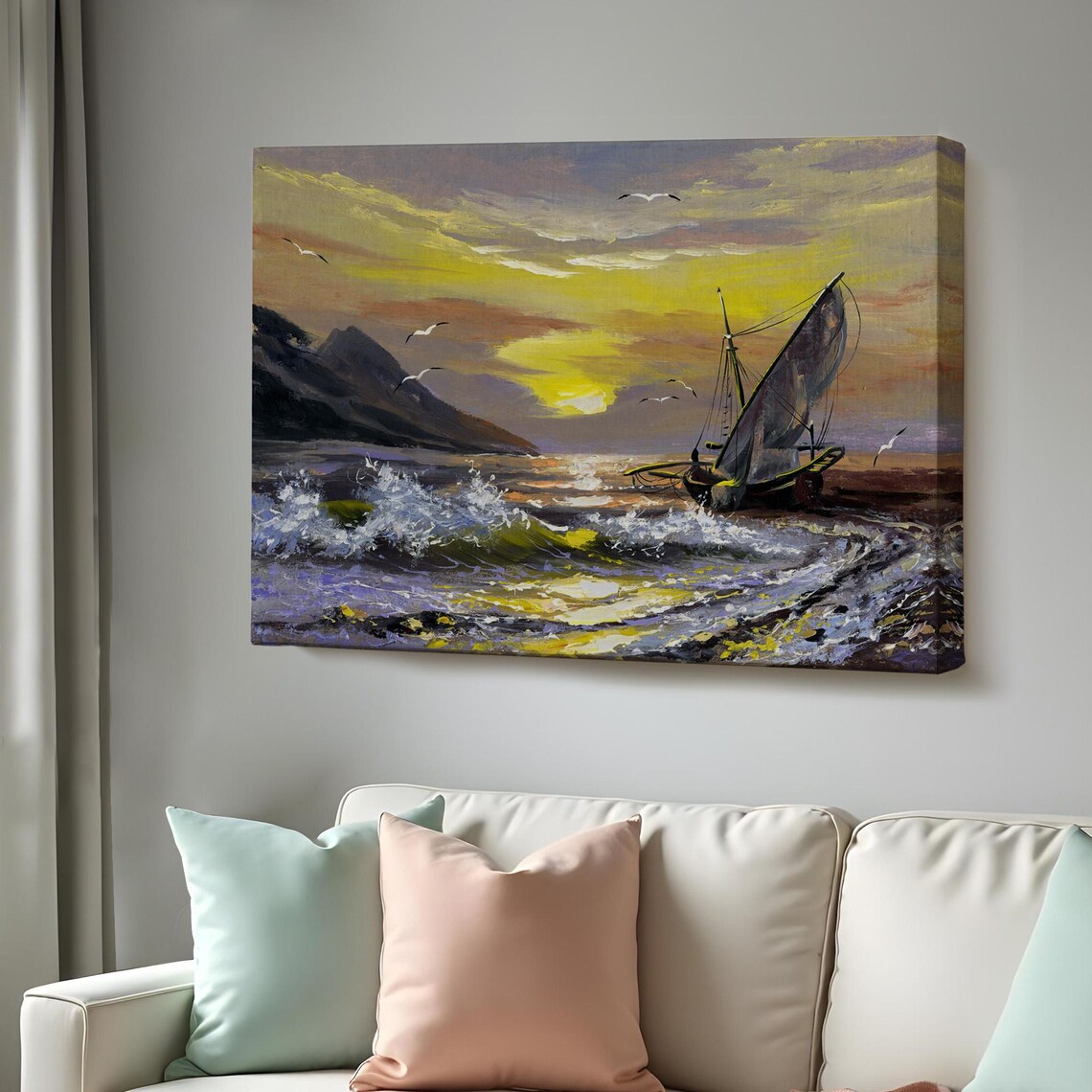 Sailboat Beached at Golden Sunset Waves Seagulls Seascape Art Poster