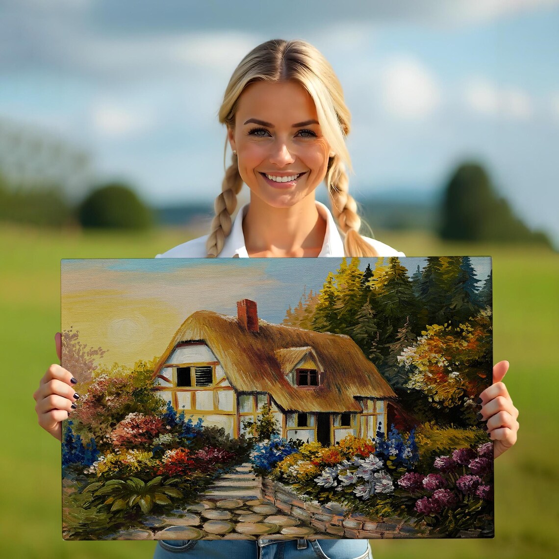 Thatched Roof Cottage Blooming Flower Garden Sunset Country Wall Art - Image 5