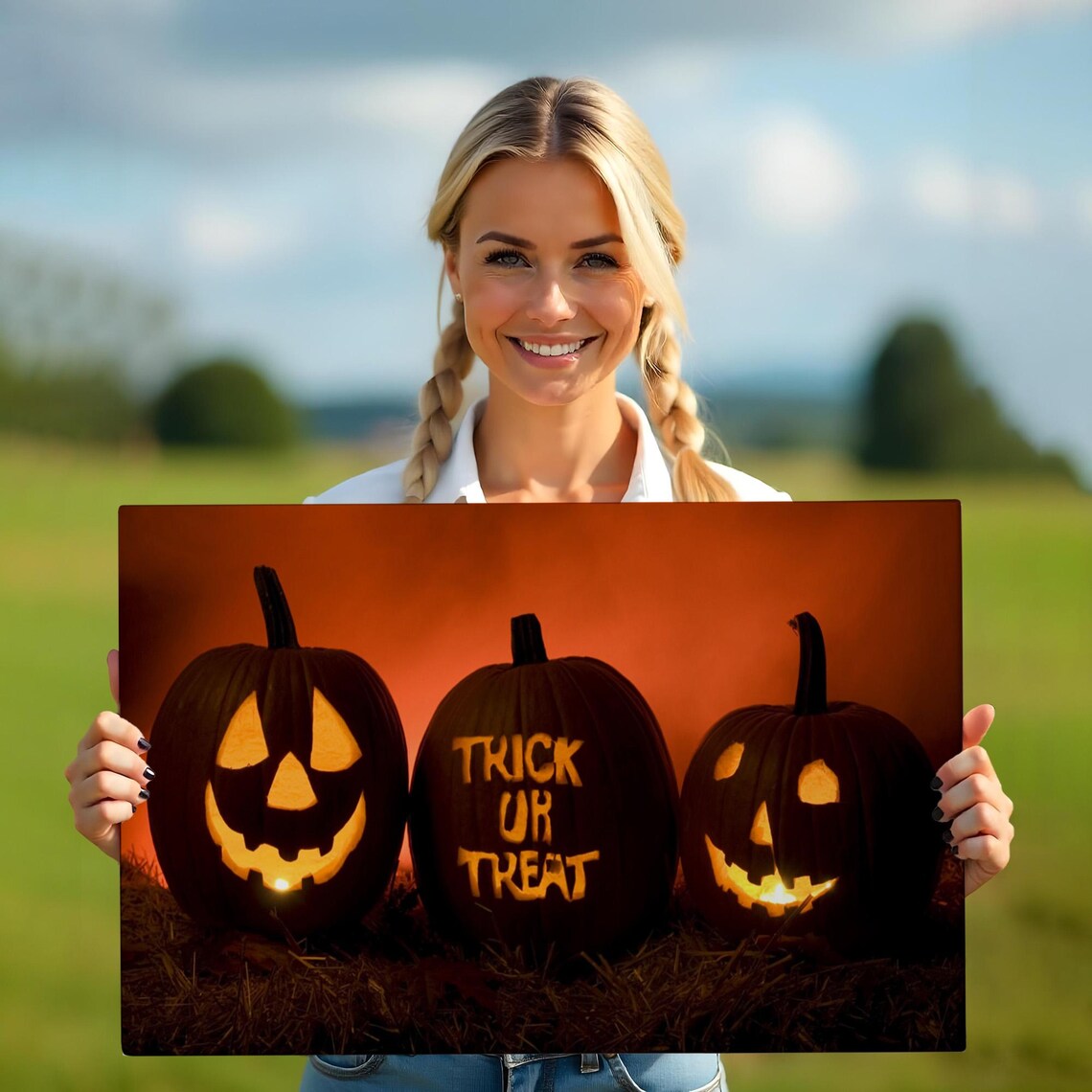 Halloween Trick Or Treat Carved Pumpkins Glowing Night Orange Sky Wall Poster - Image 5