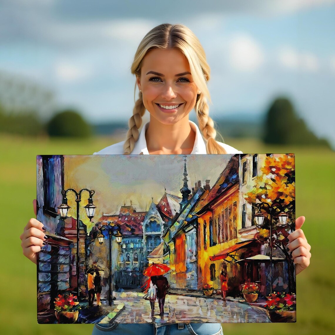 Old European Town Street Rainy Day Red Umbrella Oil Painting Poster - Image 5