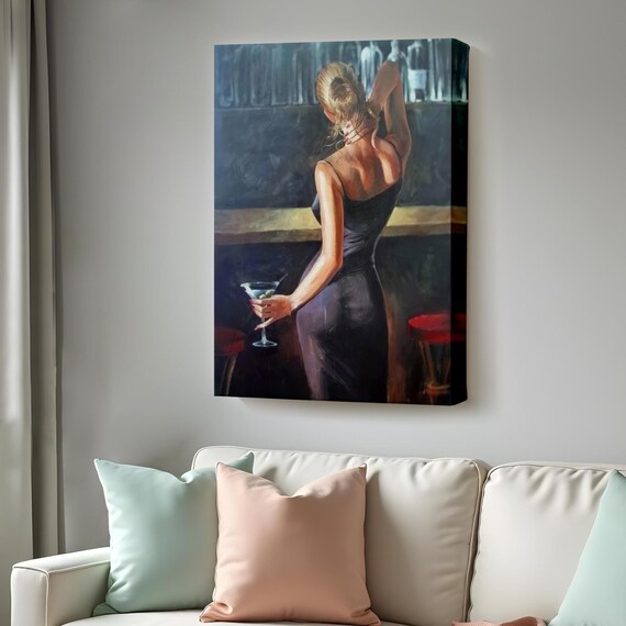 Blonde Woman at Bar Holding Martini Noir Cocktail Lounge Painting Poster