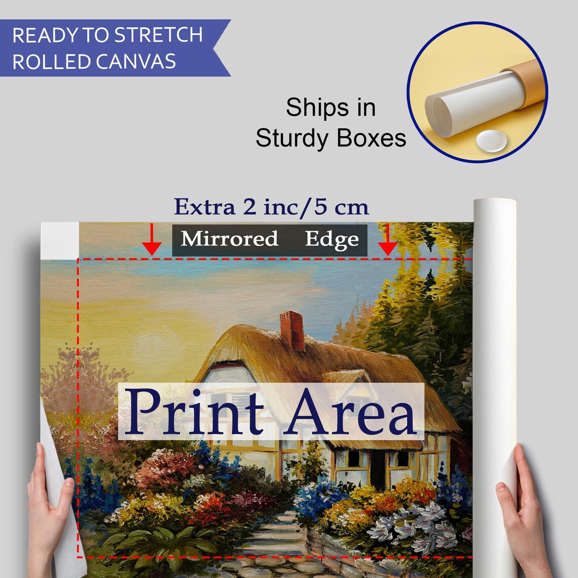 Thatched Roof Cottage Blooming Flower Garden Sunset Country Wall Art - Image 4
