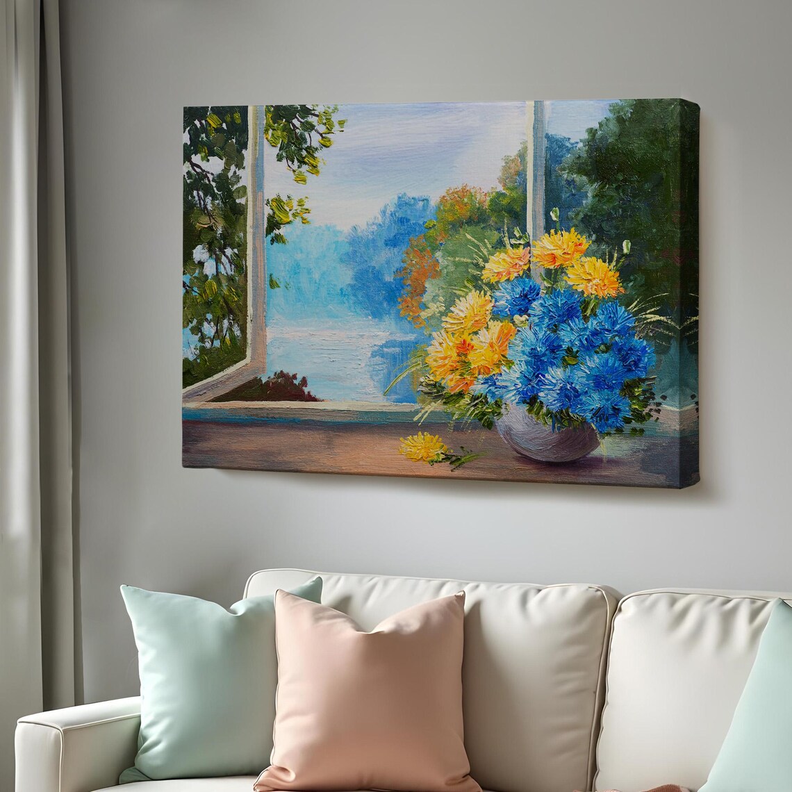 Flower Bouquet Blue Yellow Blossoms Window Sill Oil Painting Poster