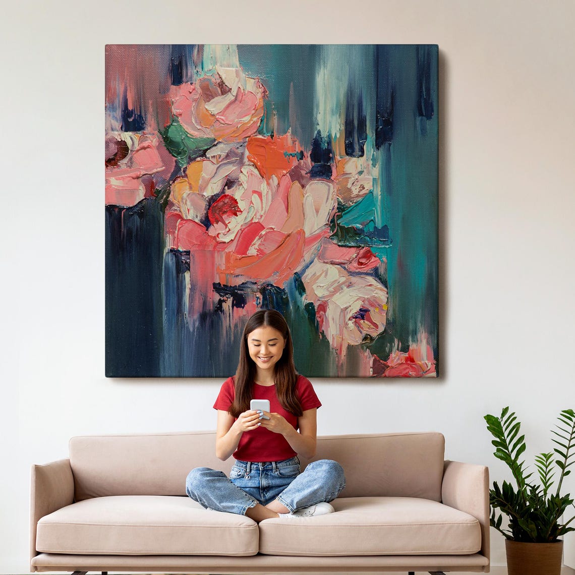 Abstract Pink Roses Impasto Painting Dark Teal Background Art Poster - Image 3
