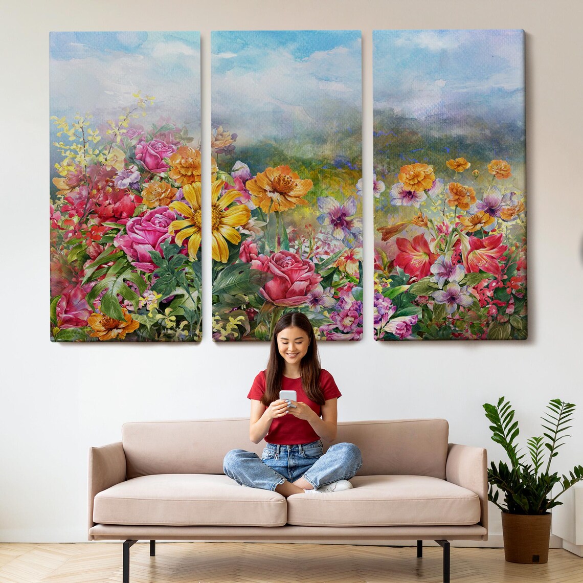 Colorful Wildflower Meadow Roses Sunflowers Watercolor Painting Poster - Image 2