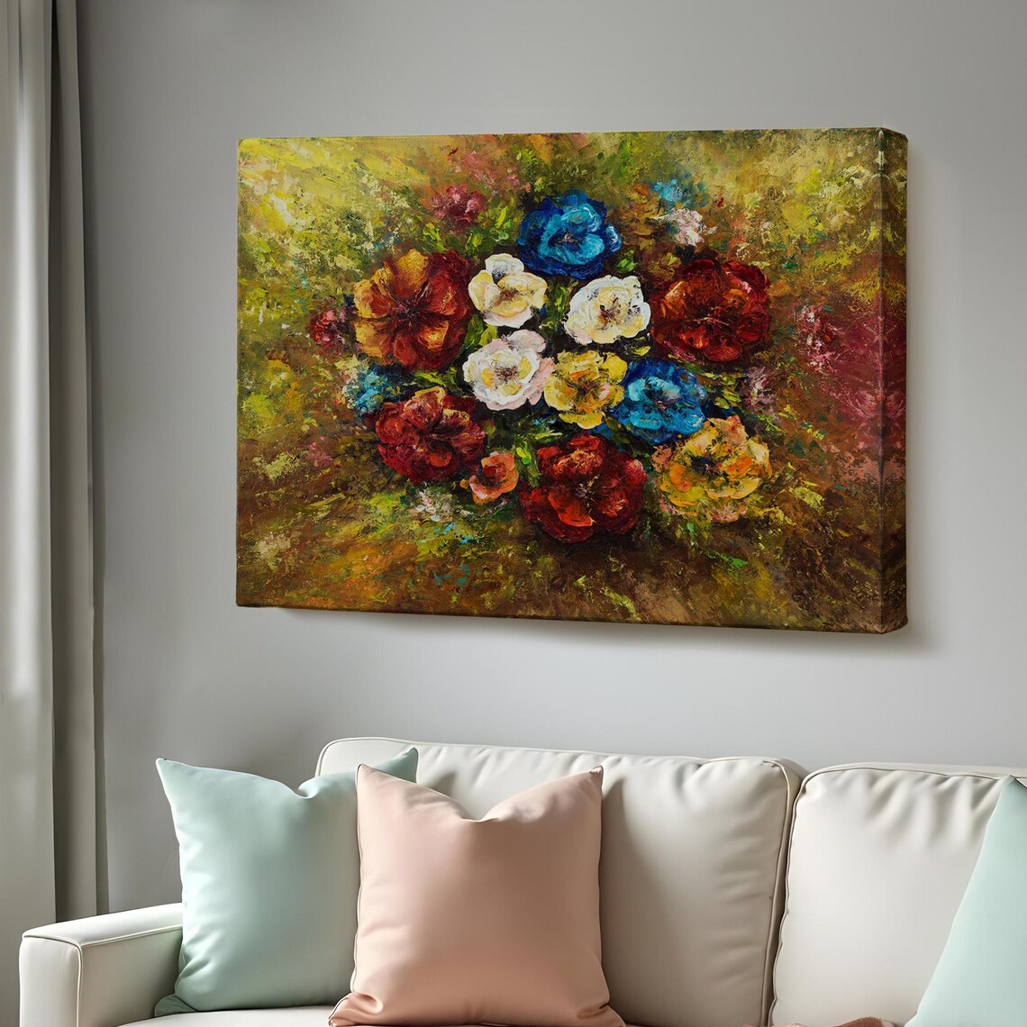 Colorful Flower Bouquet Oil Painting Red Blue Blooms Floral Art Poster