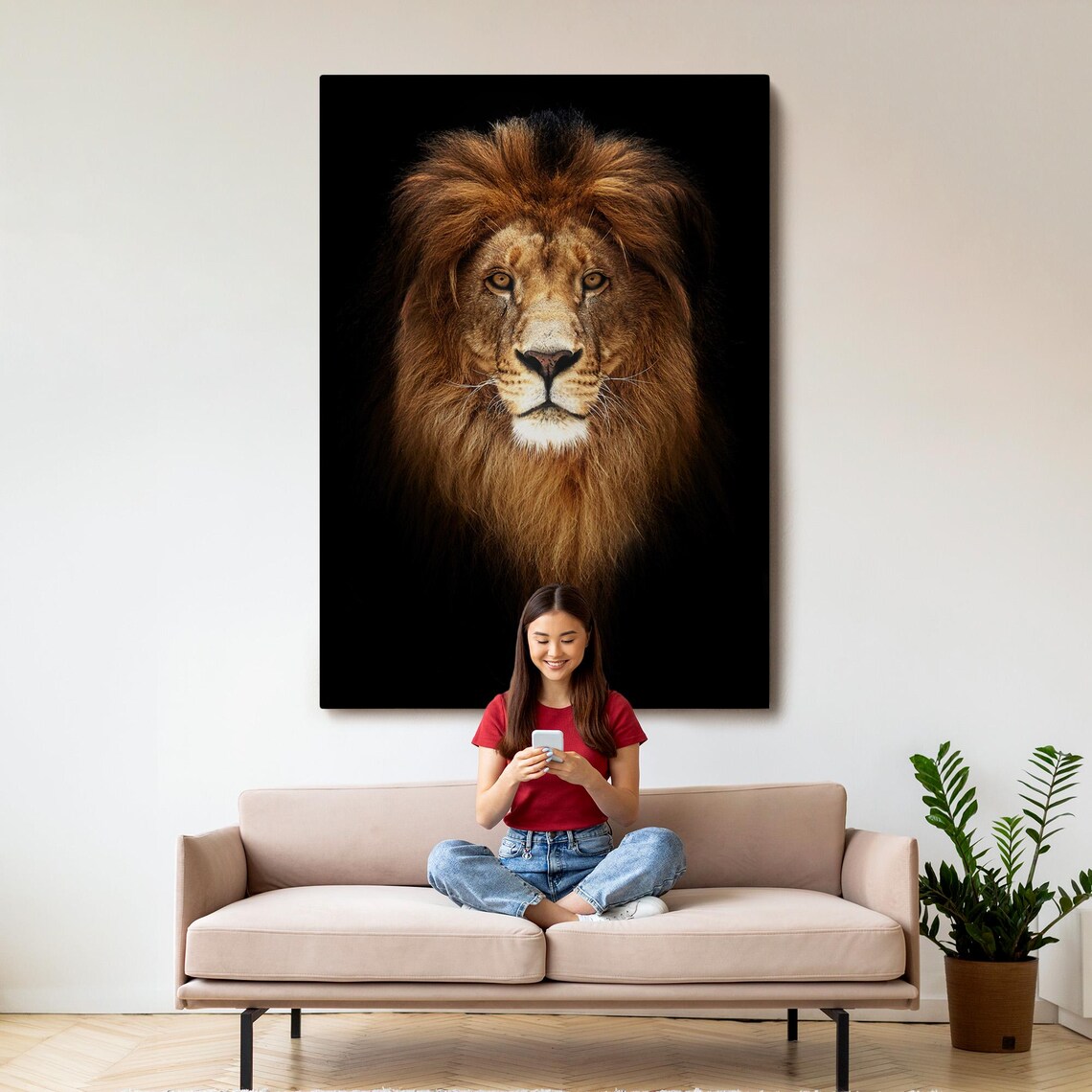 Lion Face Front Portrait Dark Background Amber Eyes Majestic Wildlife Wall Art Poster - Image 3