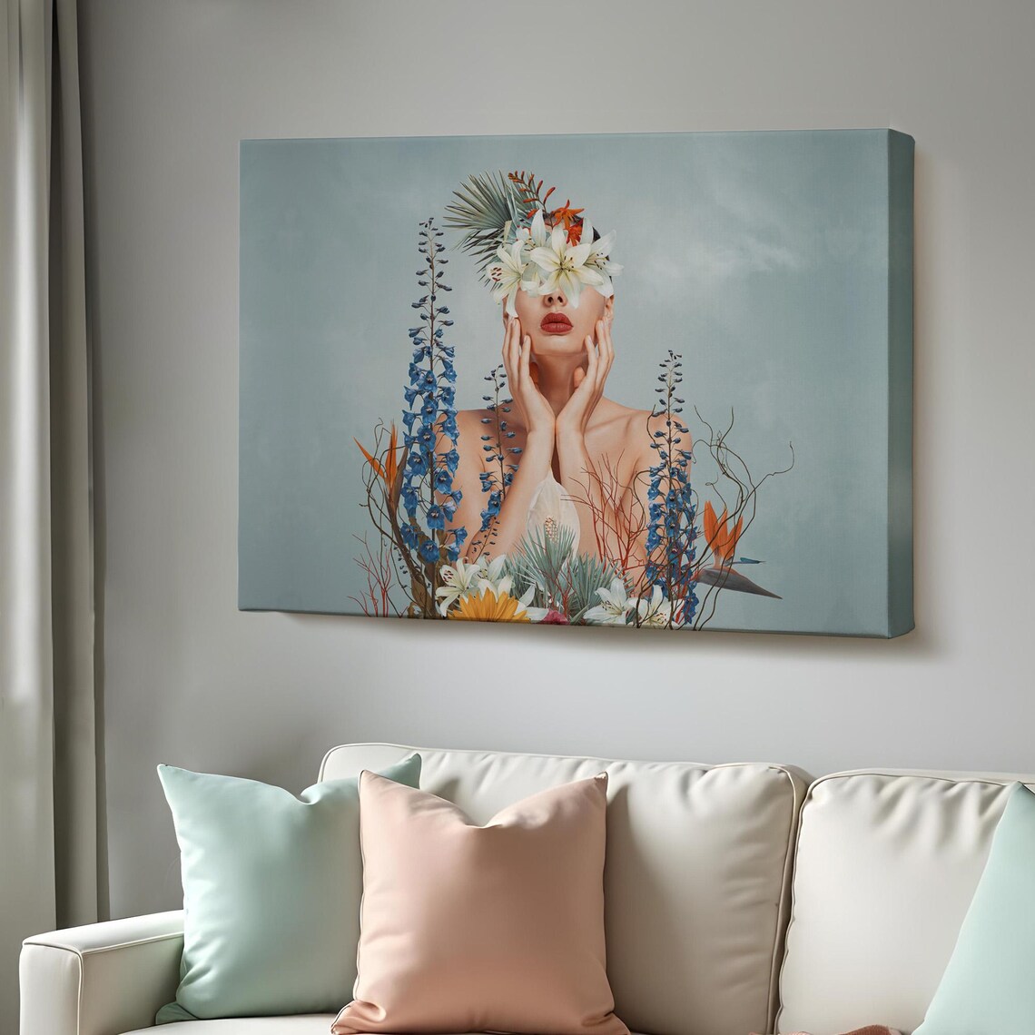Surreal Botanical Woman Portrait Hands Face Lily Flowers Poster