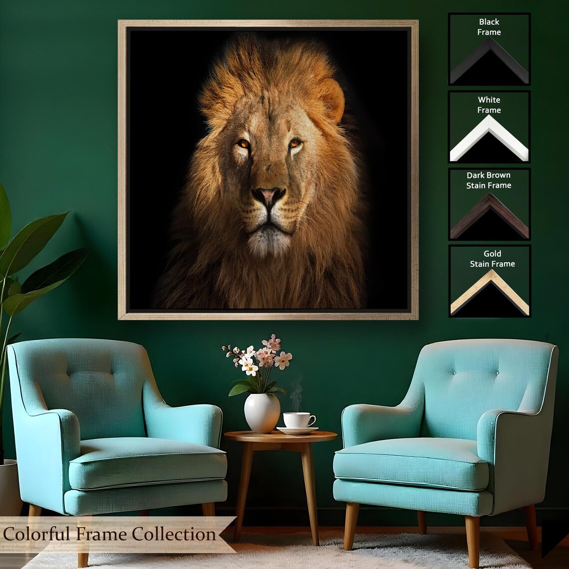 Majestic Lion Portrait Black Background Golden Mane Wildlife Wall Art Poster - Image 2