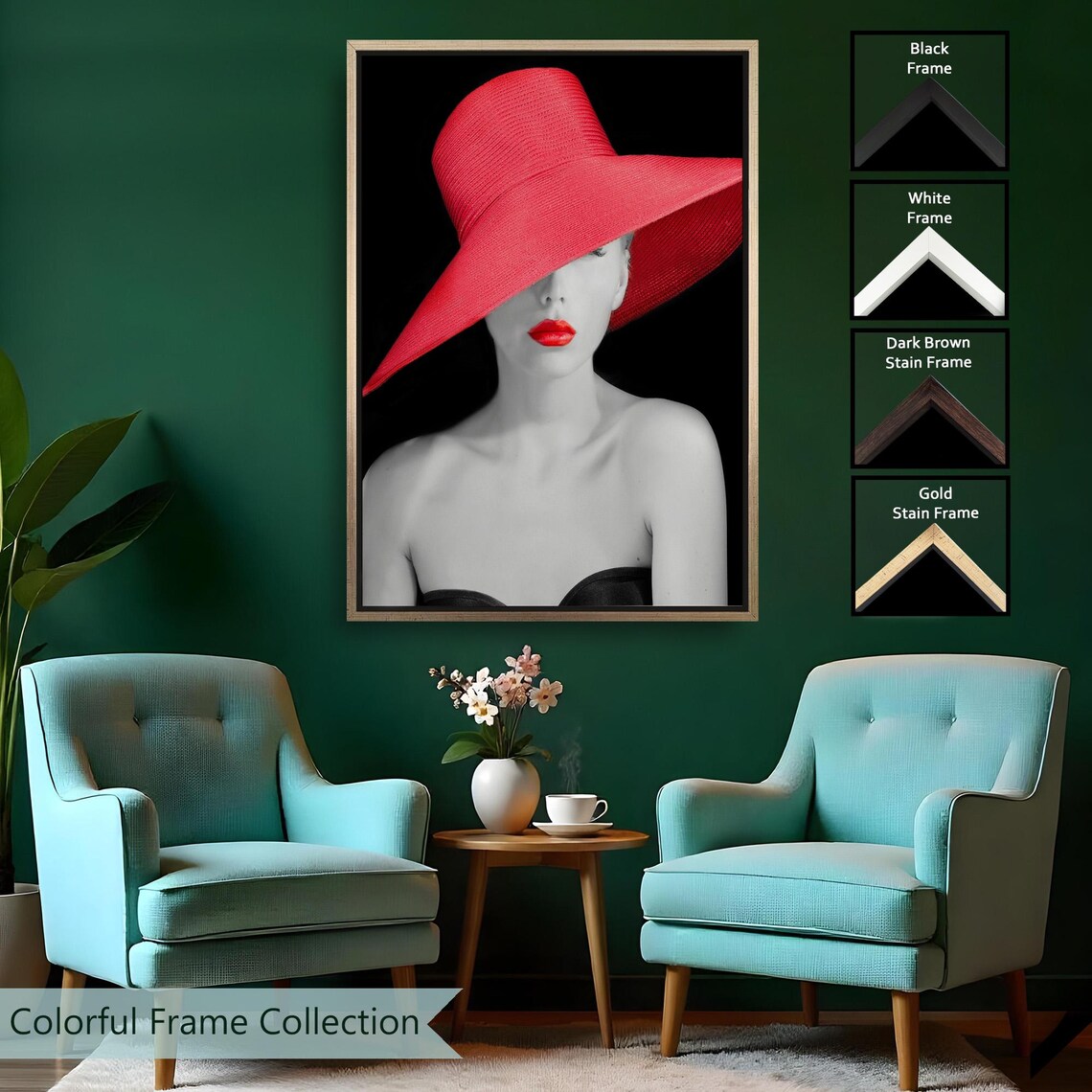Woman Red Sun Hat Red Lips Black White Fashion Photography Wall Art Poster - Image 2