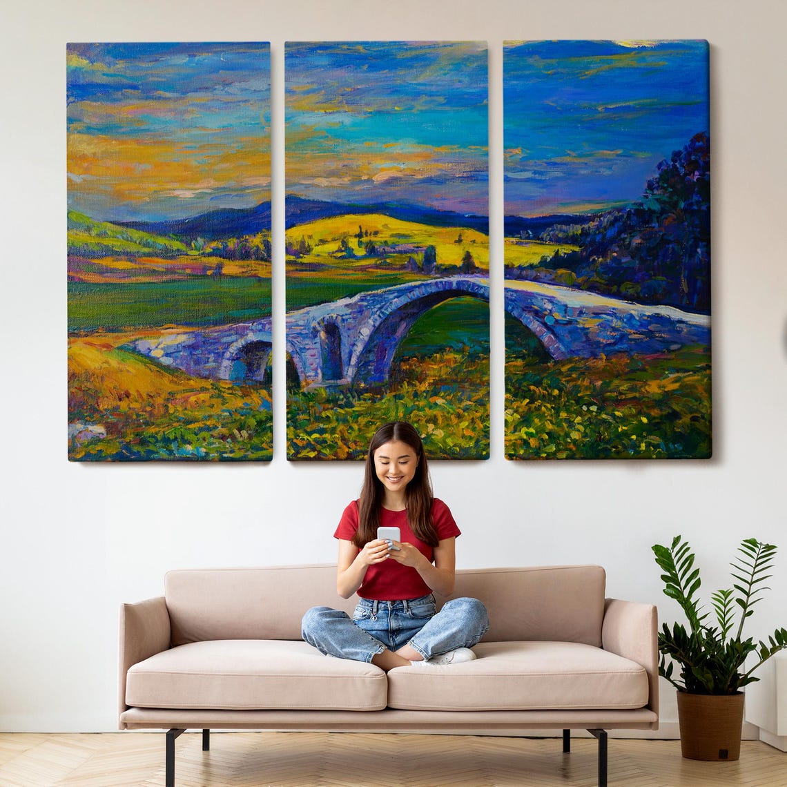 Village Stone Bridge Sunset Landscape Wall Painting Nature Wall Decor Landscape Wall Table Nature Print - Image 2