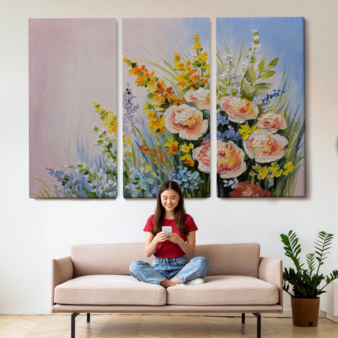Summer Wildflower Meadow Roses Yellow Blue Impasto Floral Art Print - Image 2