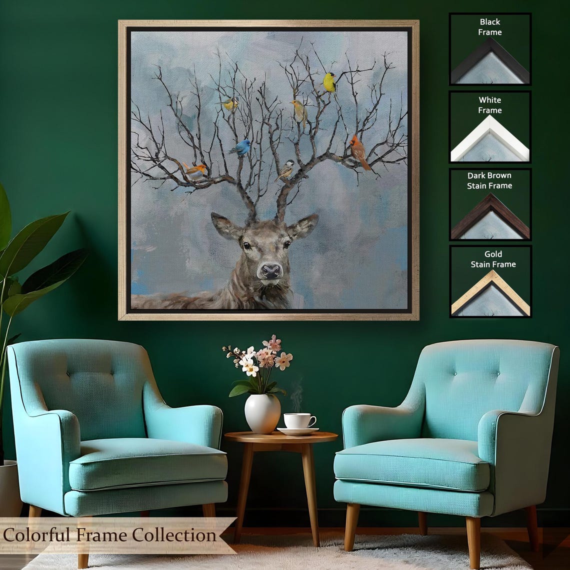 Deer Antler Tree Branches Colorful Birds Whimsical Art Poster - Image 2