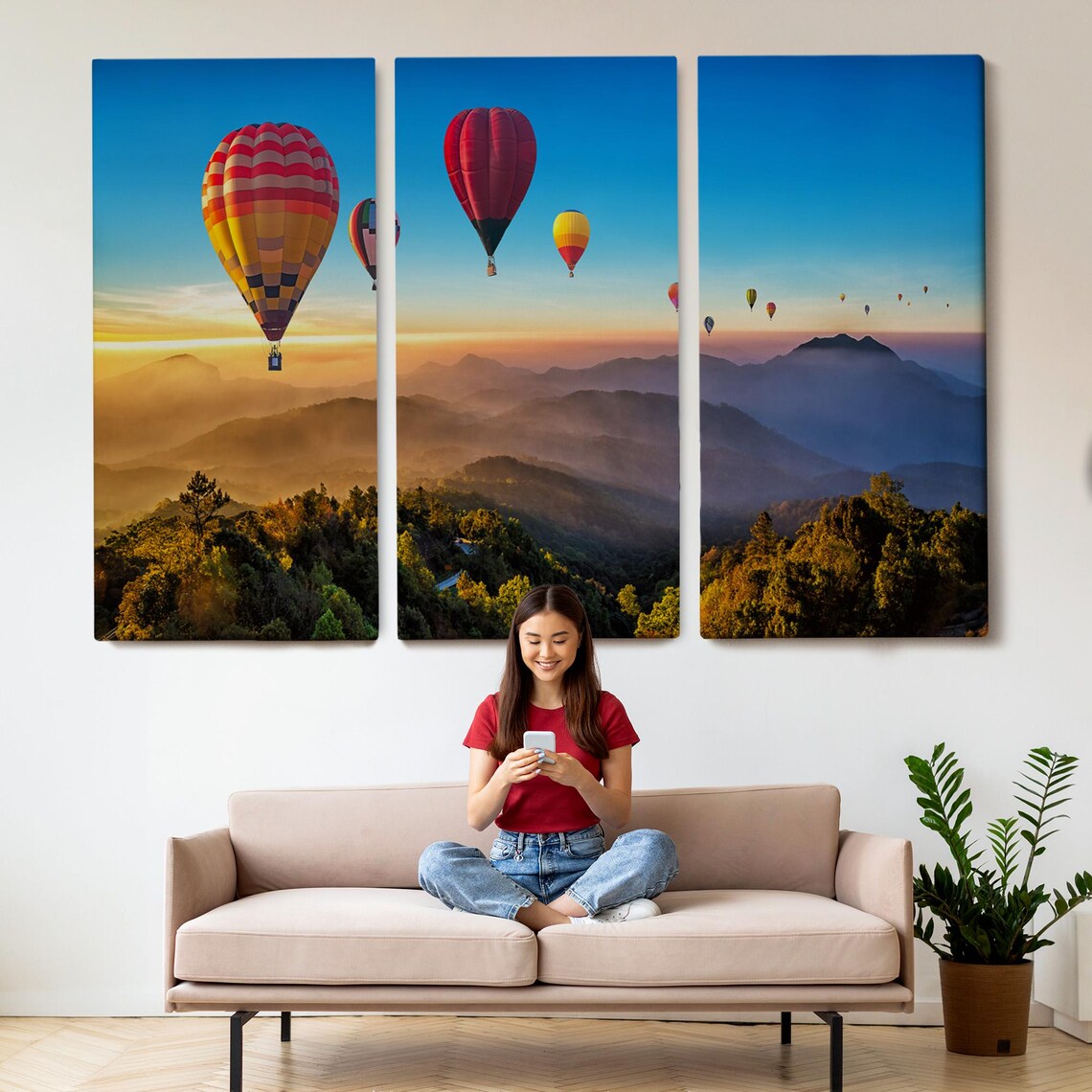 Hot Air Balloons Sunrise Misty Mountains Forest Valley View Poster - Image 2