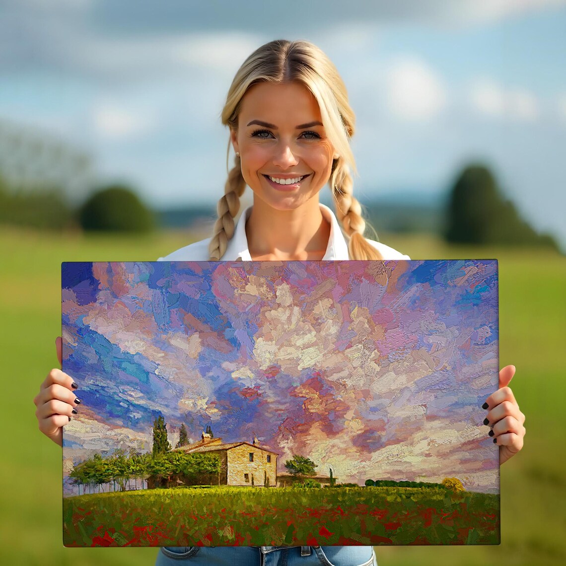 Tuscany Villa Red Poppy Field Cypress Sunset Sky Oil Painting Poster - Image 5