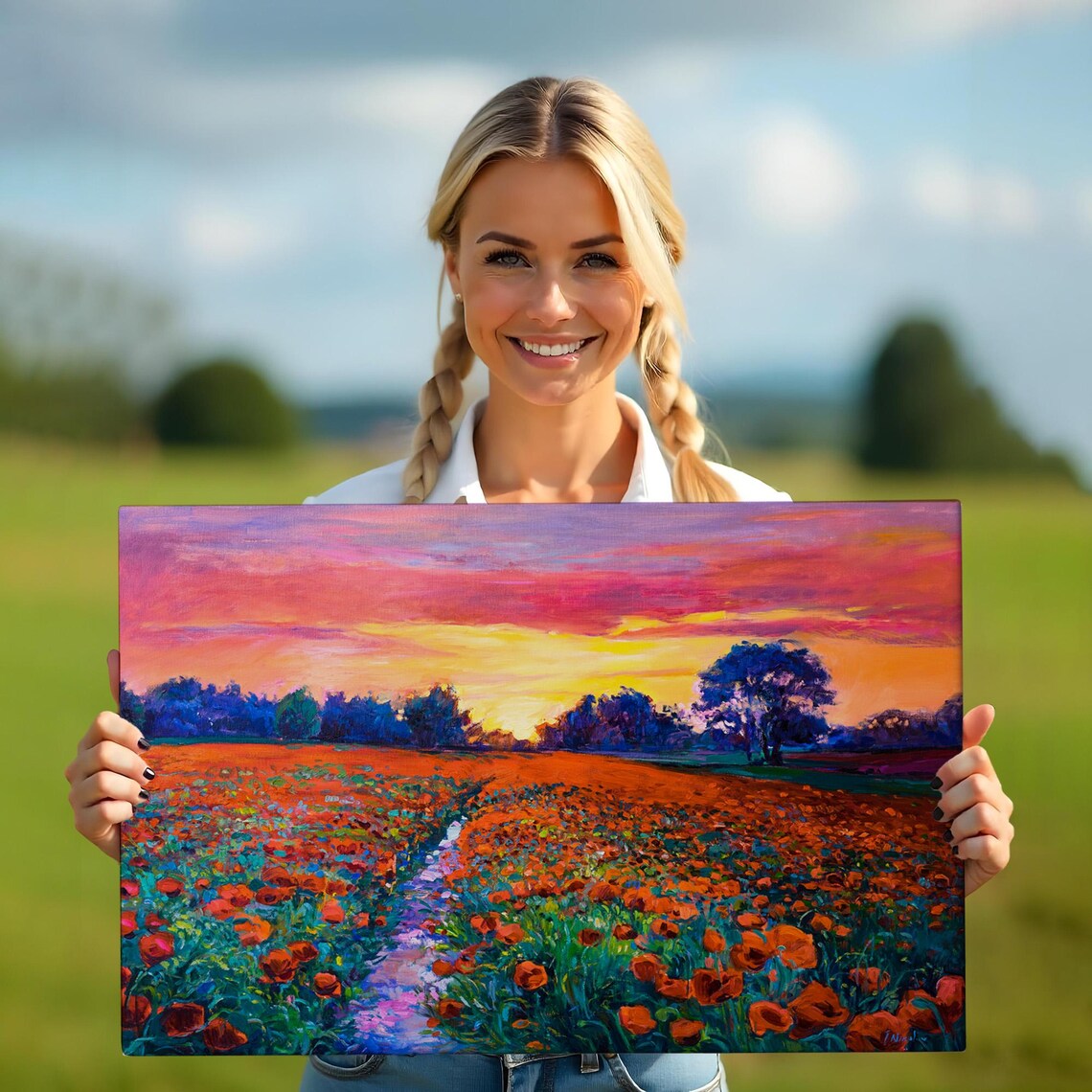 Red Poppy Field Sunset Path Vibrant Oil Painting Floral Wall Art - Image 5