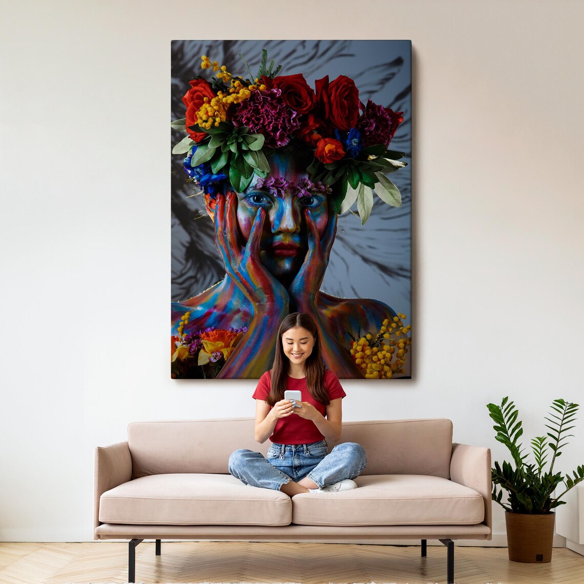 Girl With Flower Crown Colorful Body Paint Portrait Floral Wall Art - Image 3
